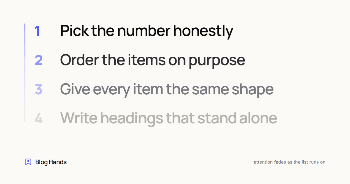 A numbered list of four steps that fades as it descends, from full-strength at item one to nearly invisible at item four, showing attention fade as a list runs on.
